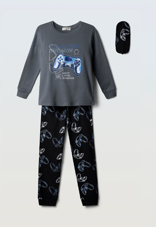 HOMΜIES pajamas with matching sleep mask in charcoal and black.