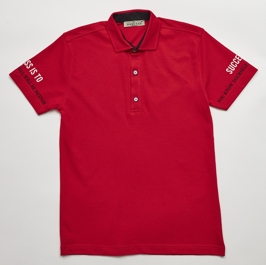 HASHTAG polo shirt in red color with print.