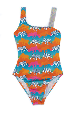 TORTUE one-piece swimsuit in orange color with tiger print.