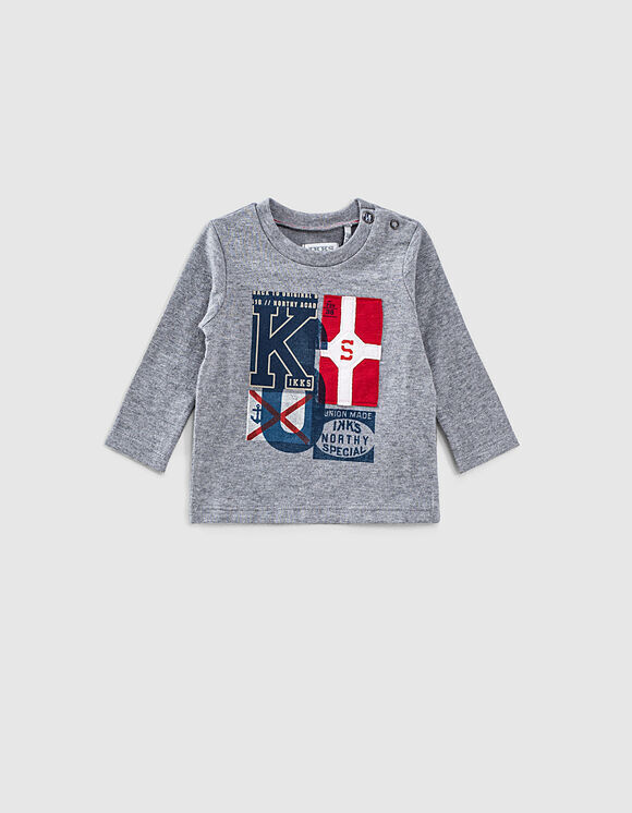 IKKS blouse in gray color with print and appliqué embroidery.