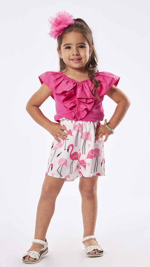 EBITA fabric shorts set in fuchsia color with flamingo print.