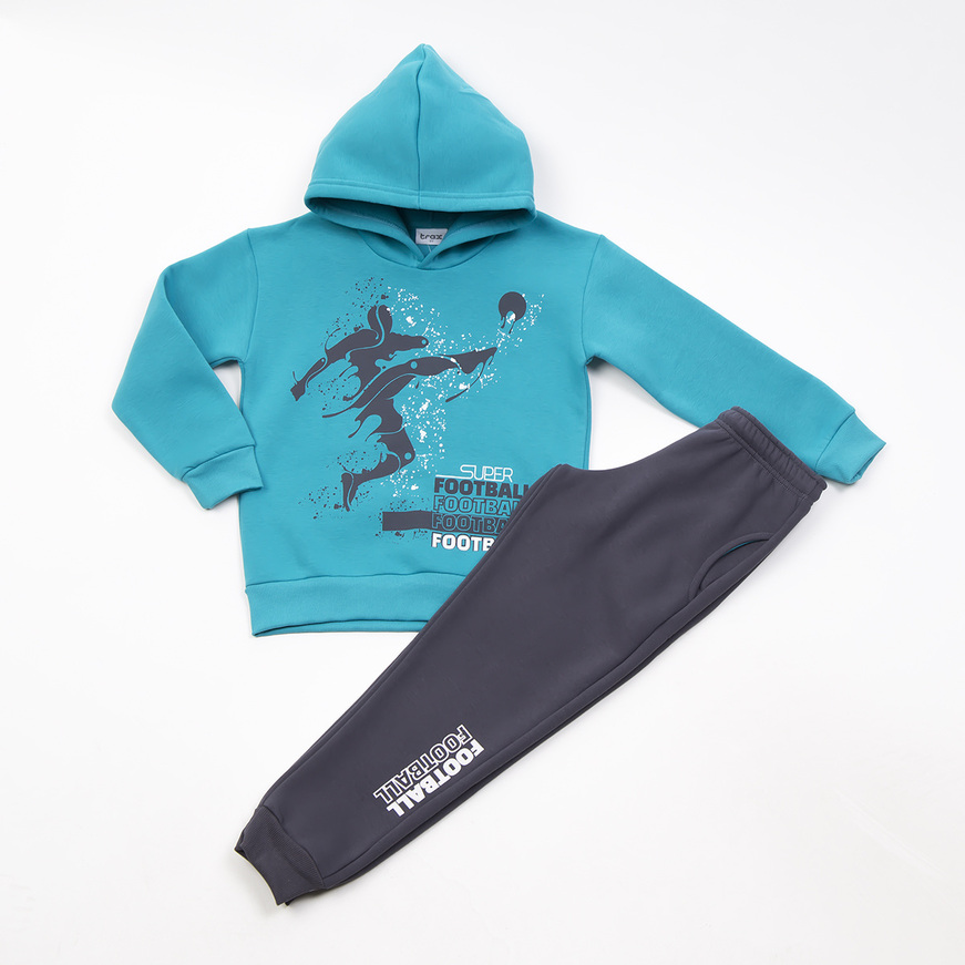 TRAX suit set in turquoise color with football player print.