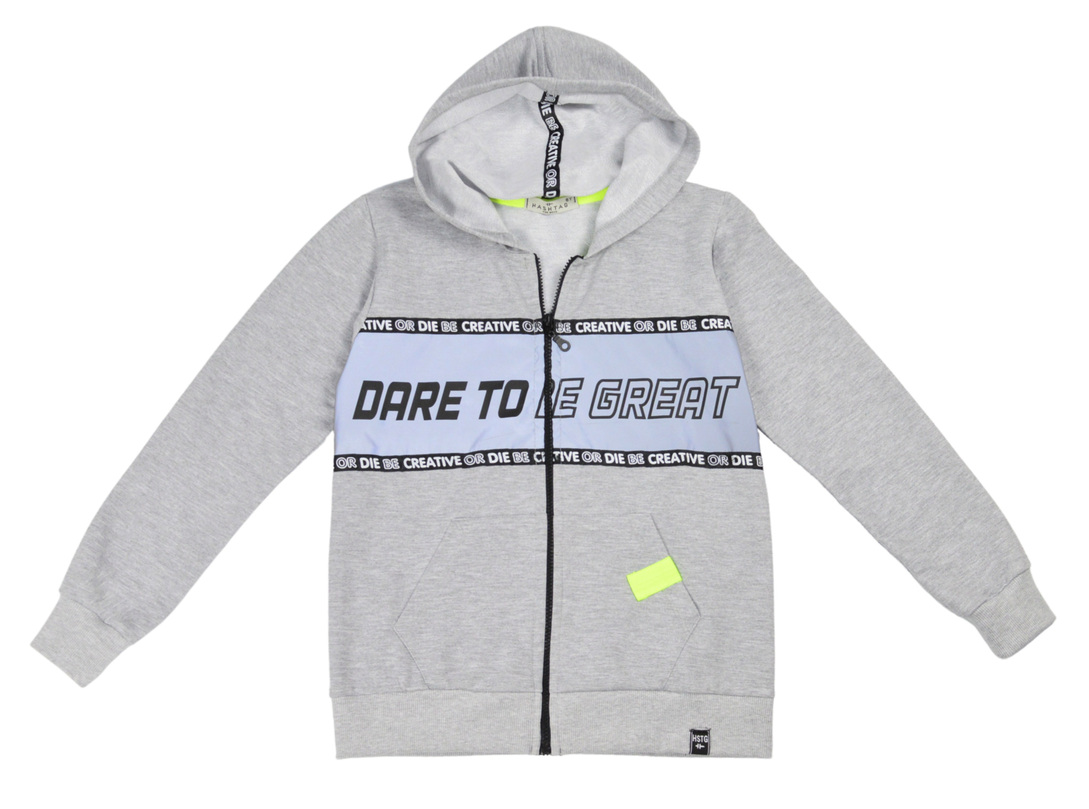 HASHTAG jacket with hood in gray color and chest band.