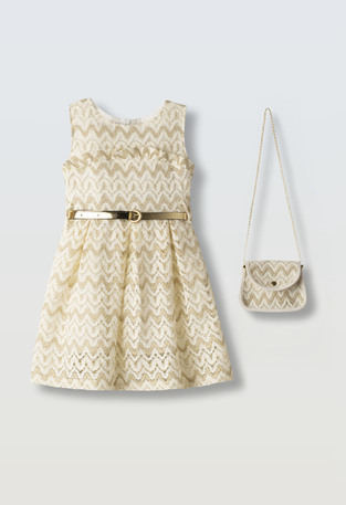 EVITA dress in ecru with beige and matching bag.