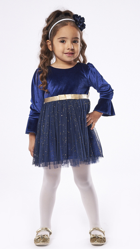 EBITA velvet dress in roux blue with matching trim.
