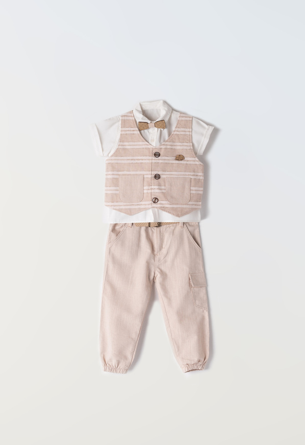 Σετ 3 τεμ. HASHTAG, γιλέκο σε χρώμα μπεζ, κοντομάνικo πουκάμισο, μπεζ παντελόνι και αποσπώμενο παπιγιον.