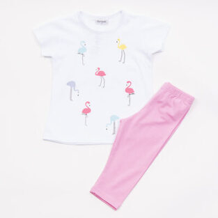 Set of TRAX capri leggings in white with all over flamingos print.