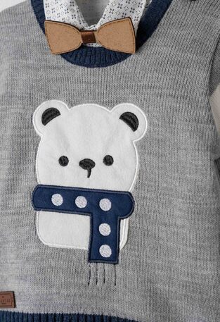 Set of 3 pcs. HASHTAG, bow tie shirt, suspender pants and gray knit.