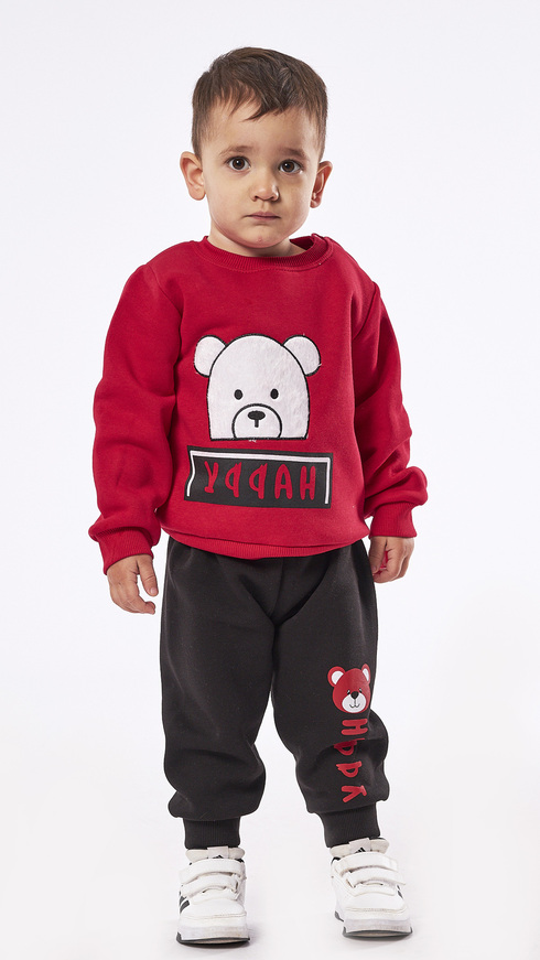 HASHTAG suit set in red with embossed teddy bear print.