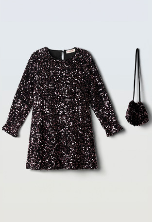 Ebita velvet dress in black with pink sequins and matching bag.