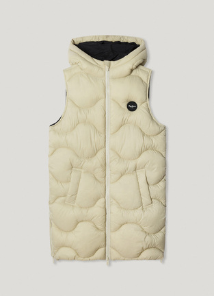 PEPE JEANS sleeveless jacket in beige with built-in hood.