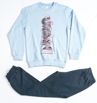 DREAMS pajama in chel color with print on the front.