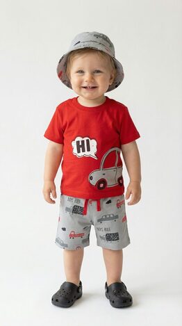 TRAX shorts set in red with gray and matching hat.