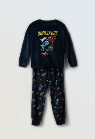 HOMMIES velor pajamas in blue with dinosaur print.