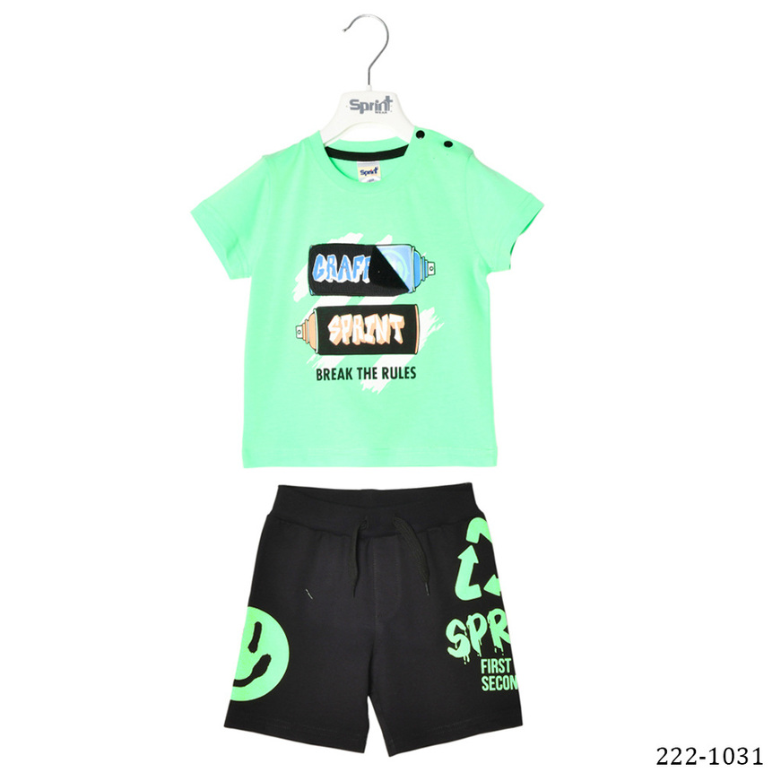 SPRINT shorts set, green blouse with graffiti and cotton shorts.