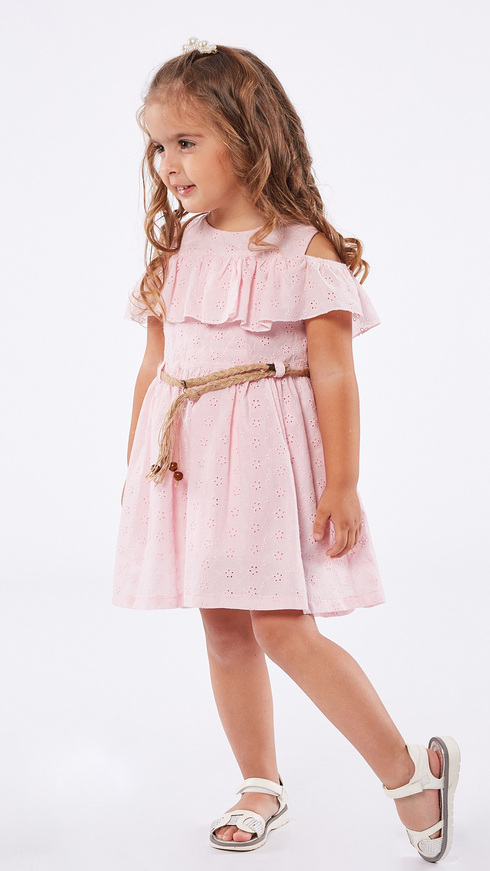 EBITA dress in pink color with ruffles and independent drawstring waist.