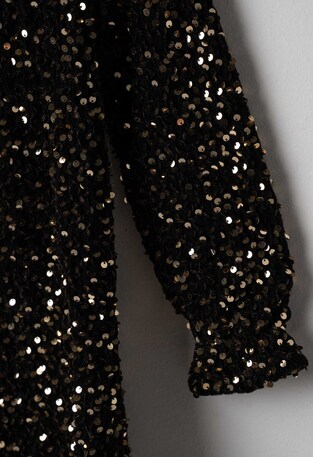 EVITA velvet dress in black with sequins and matching bag.