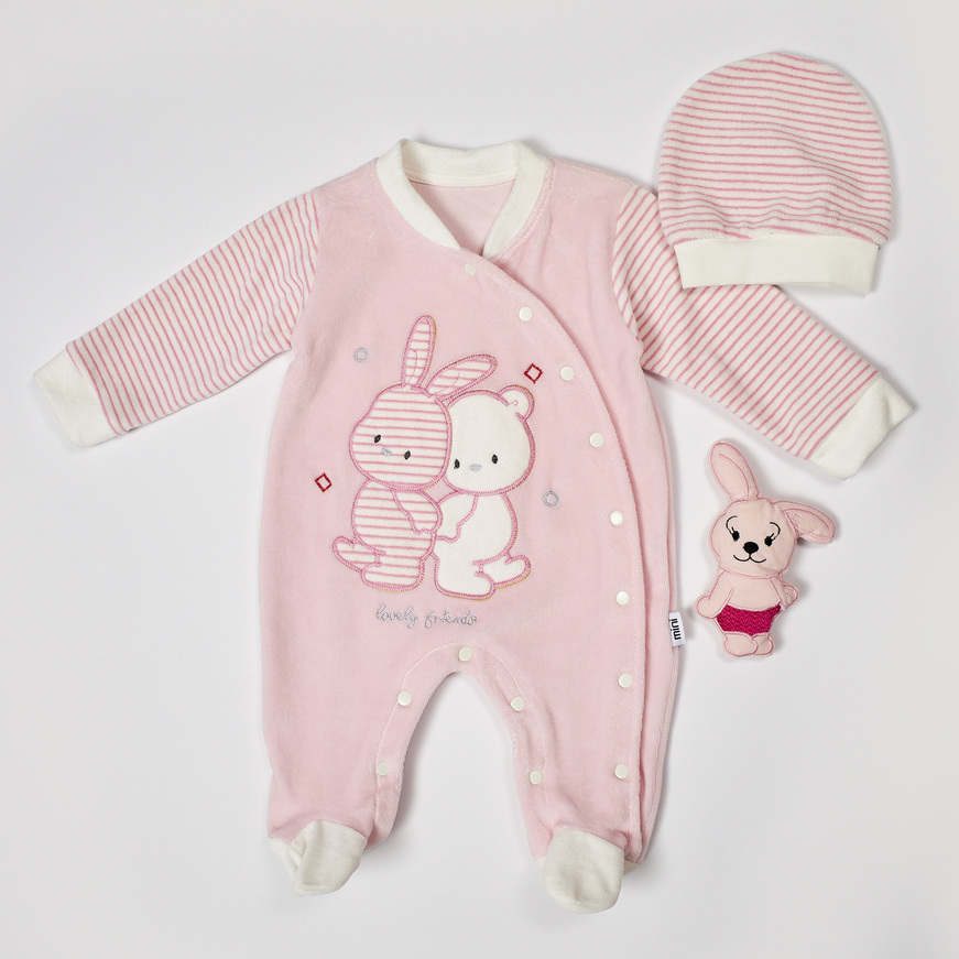 EBITA velor bodysuit in pink color with embroidered design.