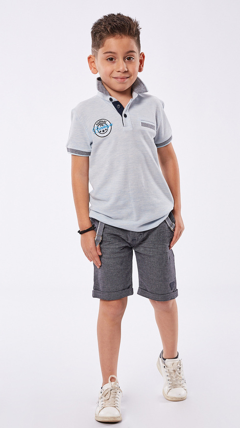 HASHTAG bermuda set, polo shirt with applique embroidery and bermuda shorts in gray color.