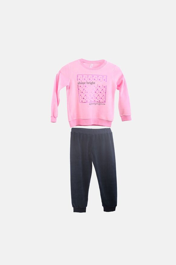 DREAMS velor pajamas in pink with "SHINE BRIGHT" logo.
