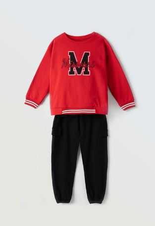 EBITA cargo suit set in red color with embossed print.