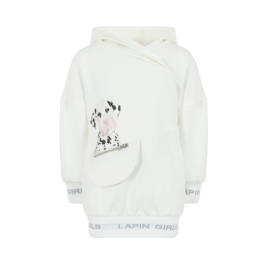 LAPIN HOUSE dress in off-white color with hood and embossed dog print.