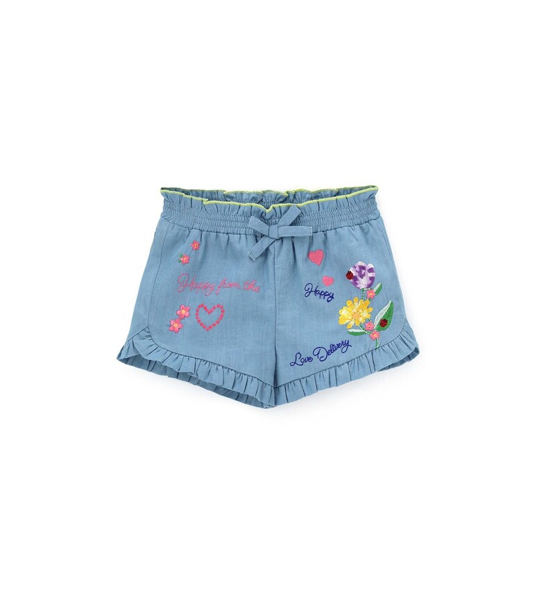ORIGINAL MARINES denim shorts in blue color with floral embroidery.