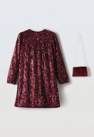 EVITA velvet dress in burgundy color with sequins and matching bag.