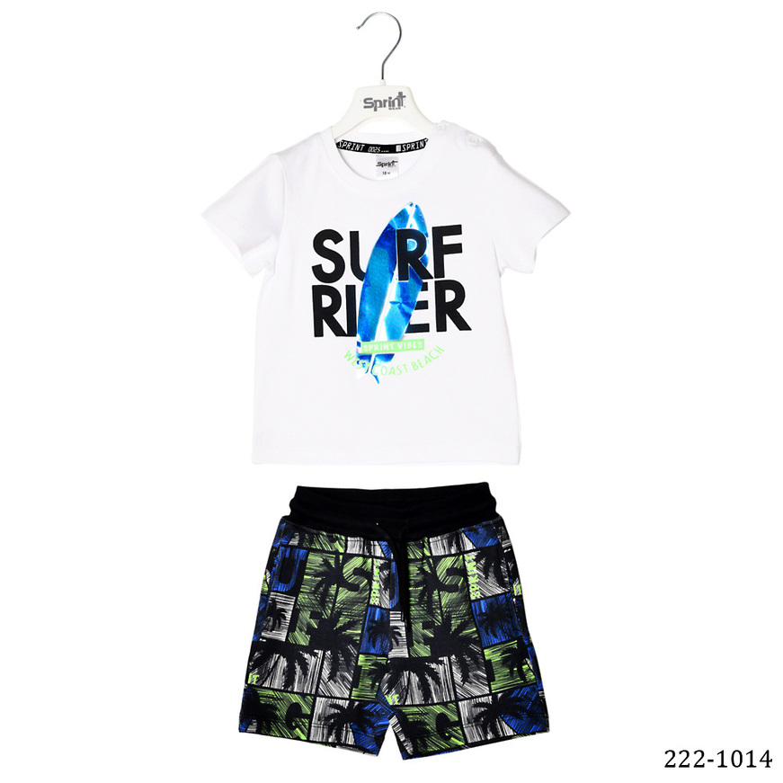 Set of SPRINT shorts, white shirt with serf print and shorts with drawstring.