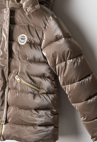EVITA jacket in dark beige with a shiny look.