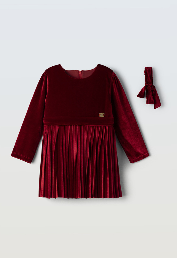 Φόρεμα βελουτέ ΕΒΙΤΑ, με ασορτί κορδέλα, σε μπορντώ χρώμα.