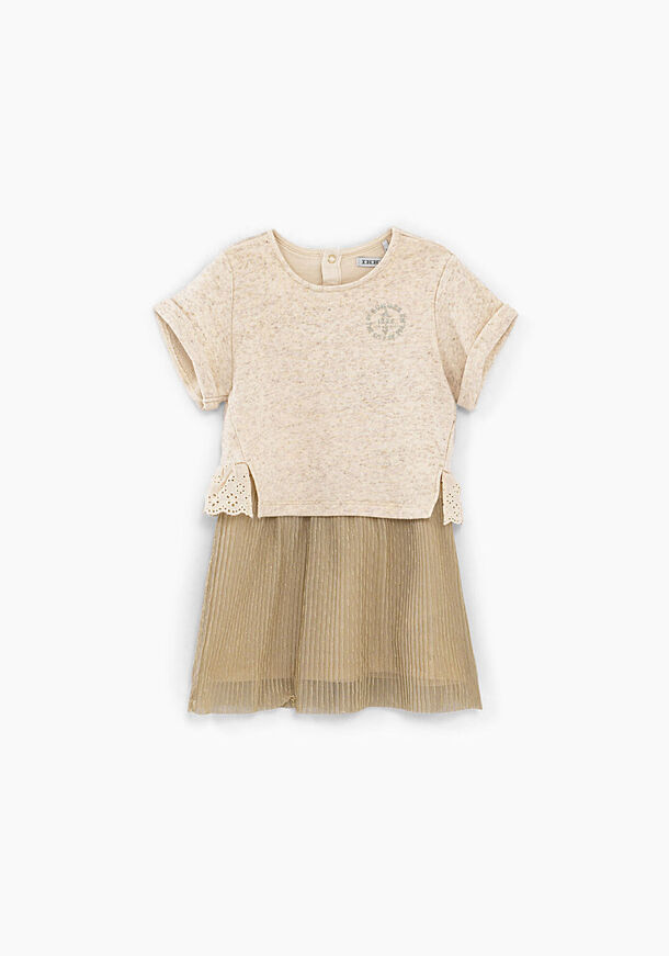 Ikks dress, soft sweatshirt in light beige color on top with gold pleated trim.