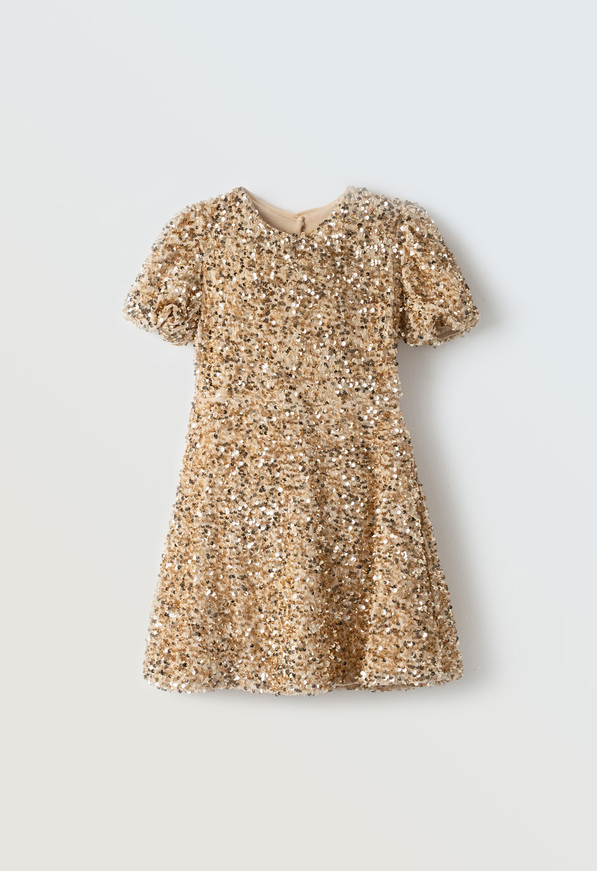 Φόρεμα βελουτέ ΕΒΙΤΑ σε μπεζ χρώμα με χρυσές παγιέτες.
