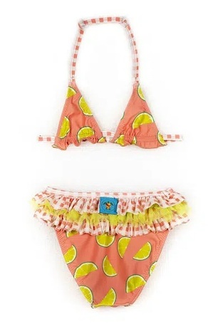 TORTUE bikini swimsuit in coral color with ruffles.