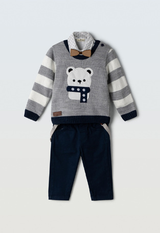 Set of 3 pcs. HASHTAG, bow tie shirt, suspender pants and gray knit.
