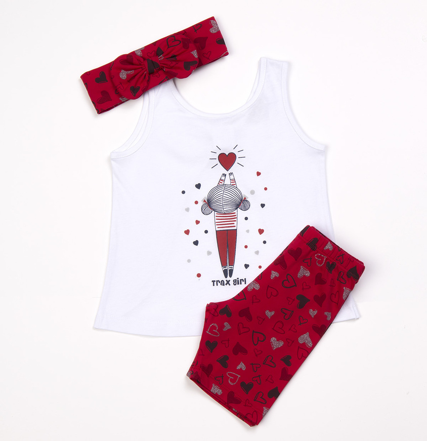 TRAX leggings set, white blouse with embossed print, leggings with all over heart print and matching ribbon.