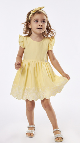 EBITA dress in yellow color with embossed pattern and ribbon.