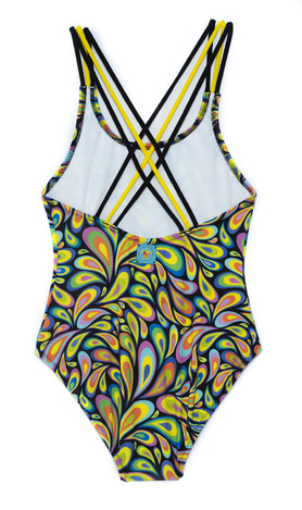 TORTUE one-piece swimsuit with colorful printed pattern.