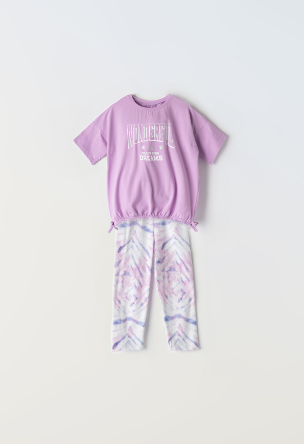 EBITA capri leggings set in lilac color with "WONDERFUL" logo.
