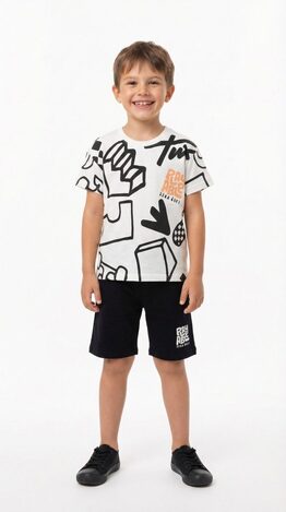 TRAX 3-piece shorts set in ecru-orange-black.