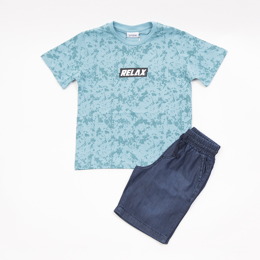 TRAX denim shorts set in turquoise color with all over print.