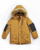 HASHTAG parka jacket in mustard color with hood.