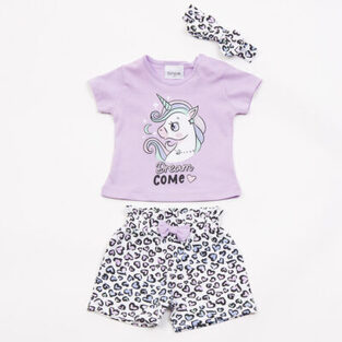 TRAX shorts set in lilac color with embossed unicorn print.