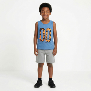 TRAX sleeveless blouse and Bermuda shorts set in dark blue-gray.