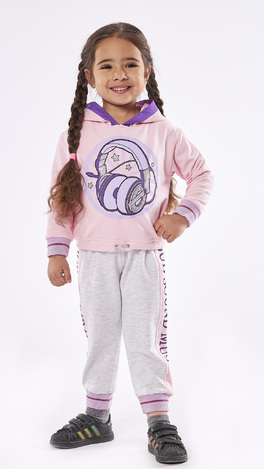 EBITA tracksuit set in pink with glitter and headphones design.