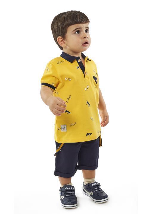 HASHTAG set, polo shirt in yellow with all over print, and bermuda shorts in blue with removable straps.
