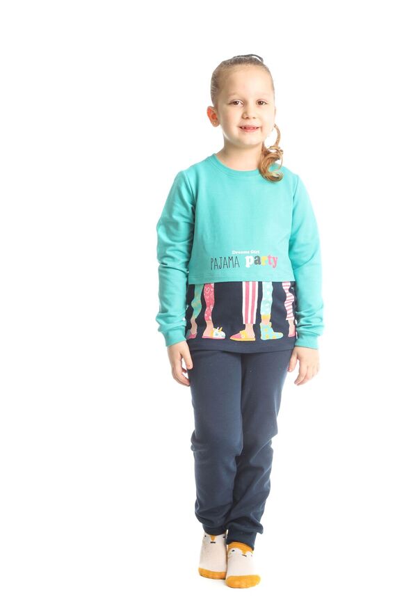 DREAMS pajamas in turquoise color with "PAJAMA PARTY" print.