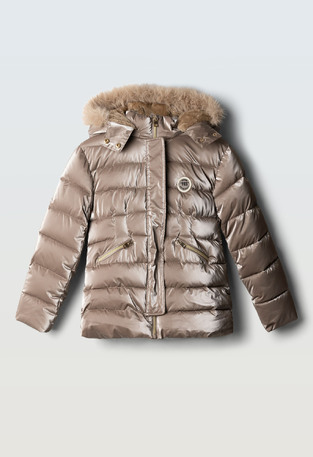 EVITA jacket in dark beige with a shiny look.