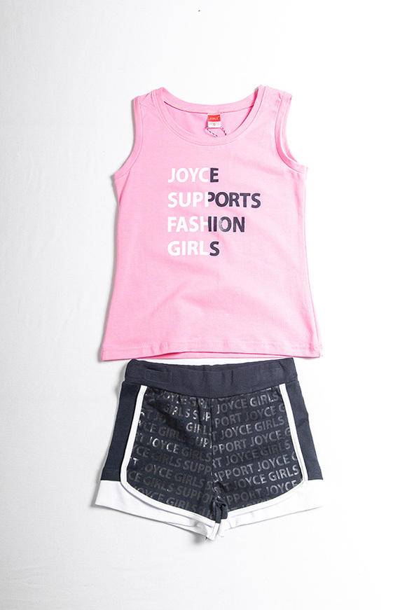 JOYCE shorts set, sleeveless top in pink with print and two-tone shorts.