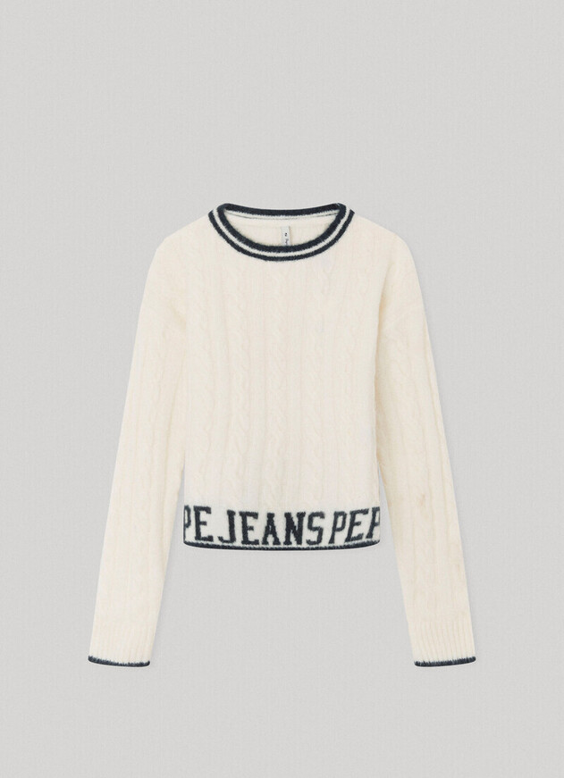 PEPE JEANS knitted blouse in off-white color with logo print on the hem.